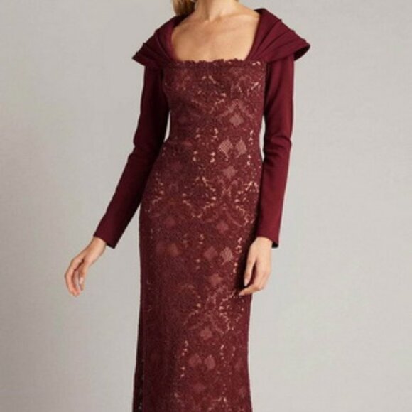 Tadashi Shoji Cinnamon Burgundy Embroidered Long Sleeve Gown - Picture 1 of 6